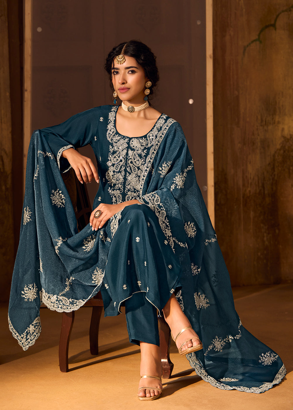 Buy Now Blue Bamberg Silk Embroidered Eid Style Salwar Suit Online in USA, UK, Canada, Germany, Italy, UAE & Worldwide at Empress Clothing.
