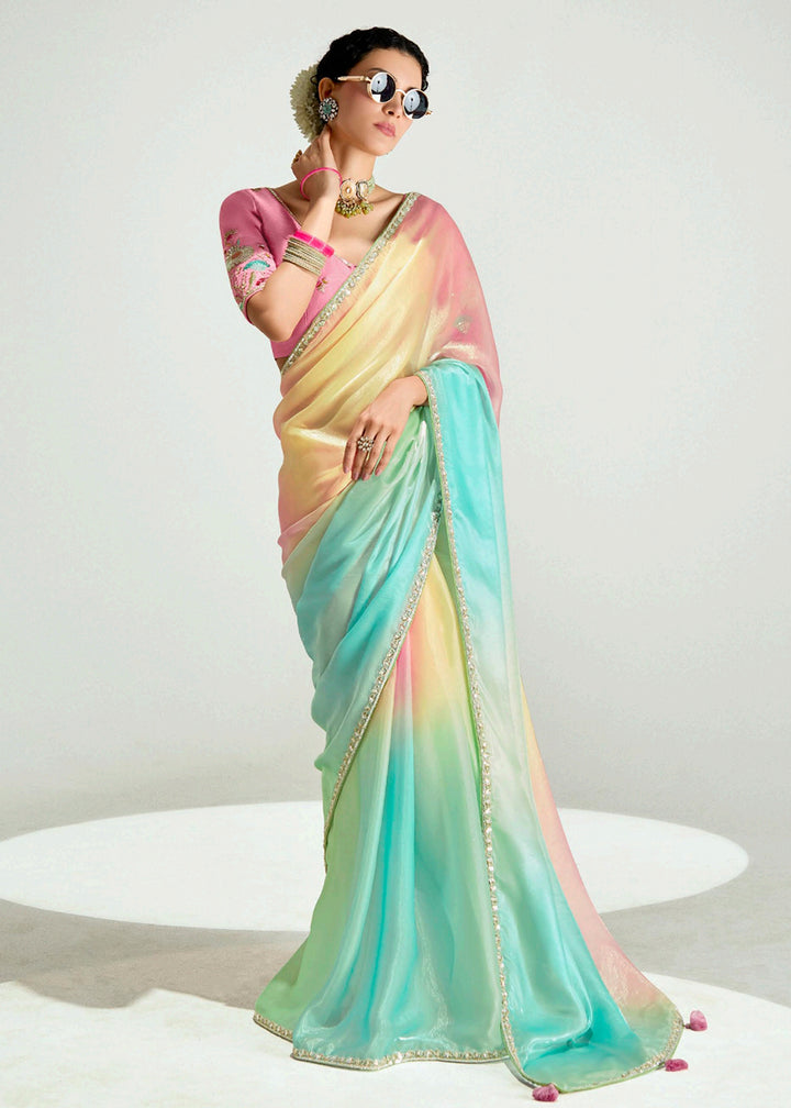 Buy Pink & Multi Organza Tissue Designer Party Wear Saree Online in USA, UK, Canada, Spain, France, Germany, Italy, Austria, Qatar, UAE & Worldwide at Empress.