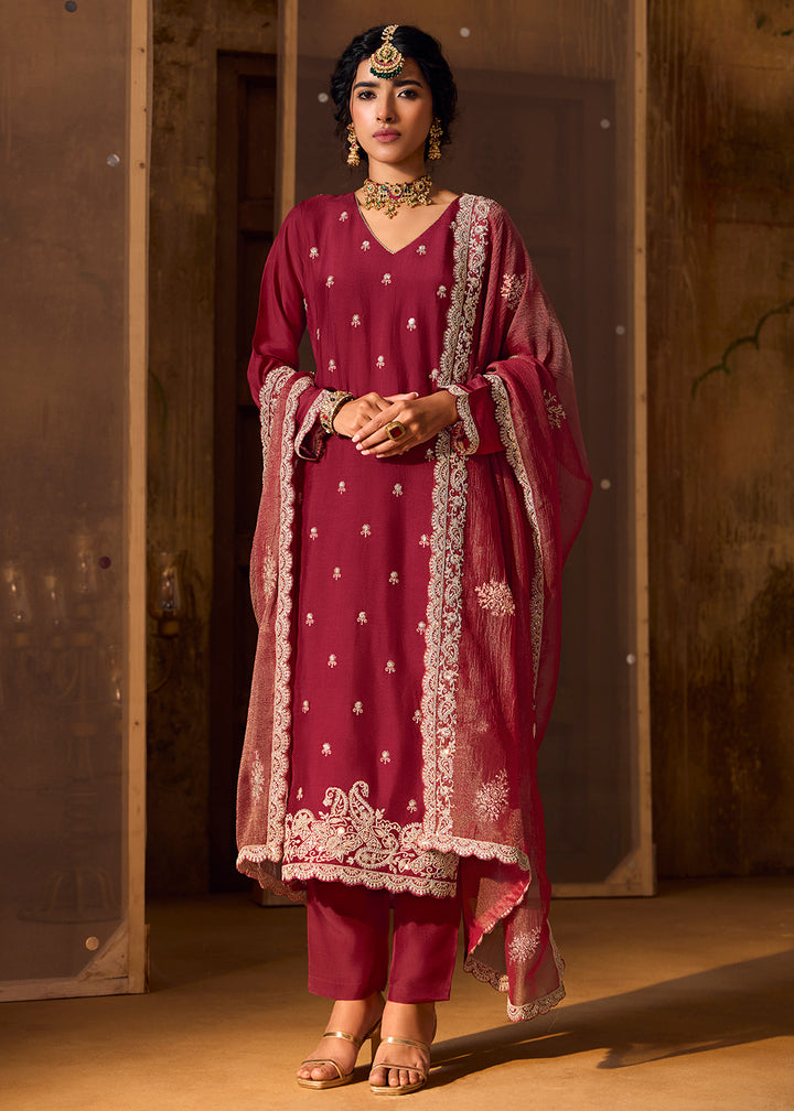 Buy Now Maroon Bamberg Silk Embroidered Eid Style Salwar Suit Online in USA, UK, Canada, Germany, Italy, UAE & Worldwide at Empress Clothing.