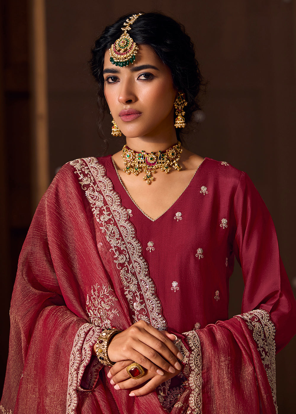 Buy Now Maroon Bamberg Silk Embroidered Eid Style Salwar Suit Online in USA, UK, Canada, Germany, Italy, UAE & Worldwide at Empress Clothing.