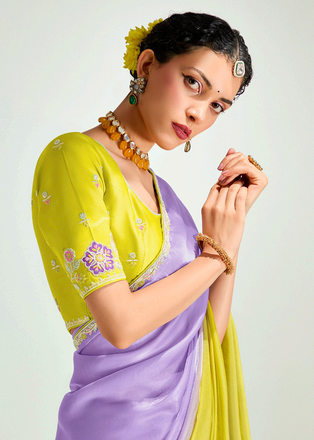 Buy Purple & Yellow Organza Tissue Designer Party Wear Saree Online in USA, UK, Canada, Spain, France, Germany, Italy, Austria, Qatar  & Worldwide at Empress.