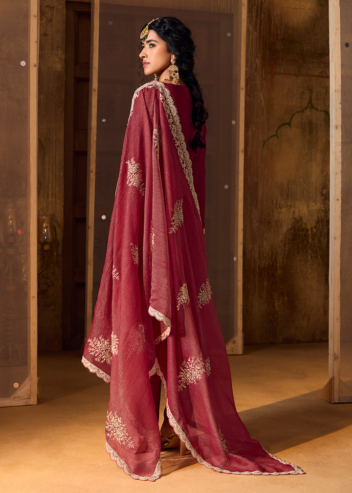 Buy Now Maroon Bamberg Silk Embroidered Eid Style Salwar Suit Online in USA, UK, Canada, Germany, Italy, UAE & Worldwide at Empress Clothing.