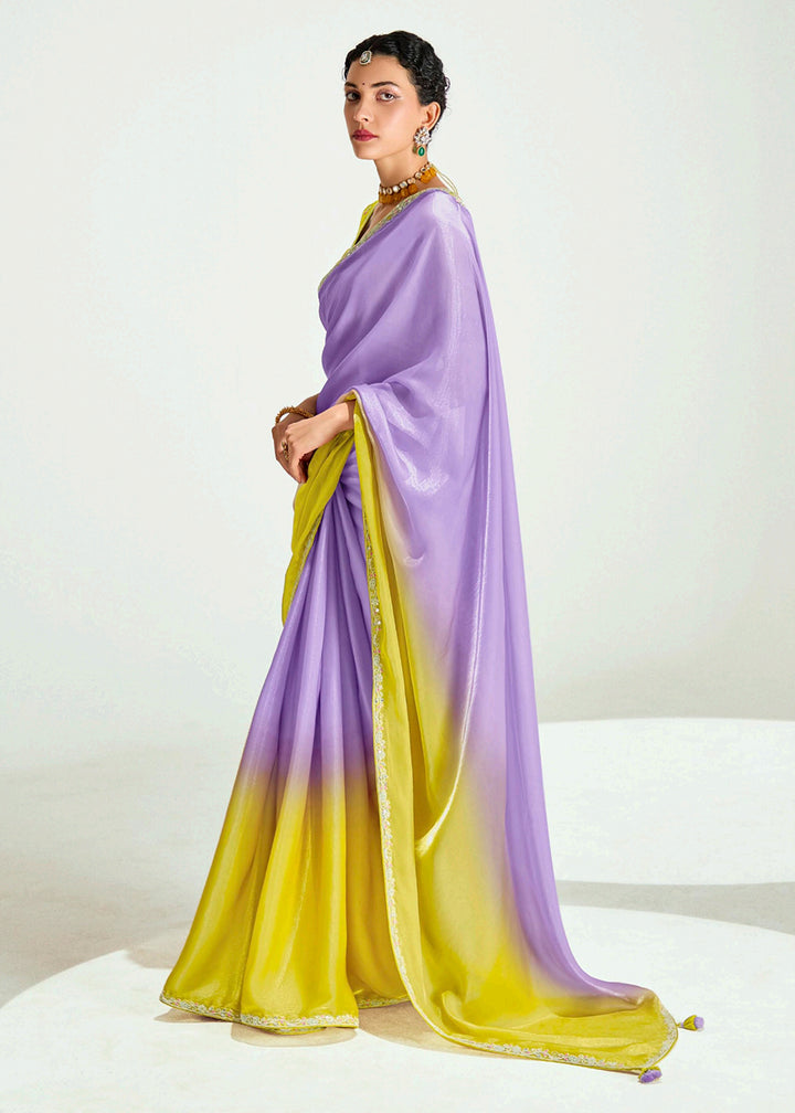 Buy Purple & Yellow Organza Tissue Designer Party Wear Saree Online in USA, UK, Canada, Spain, France, Germany, Italy, Austria, Qatar  & Worldwide at Empress.