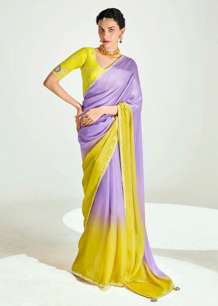 Buy Purple & Yellow Organza Tissue Designer Party Wear Saree Online in USA, UK, Canada, Spain, France, Germany, Italy, Austria, Qatar  & Worldwide at Empress.