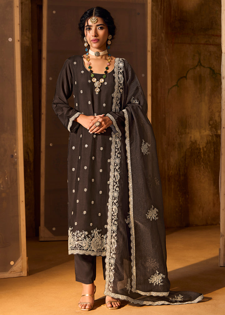 Buy Now Black Bamberg Silk Embroidered Eid Style Salwar Suit Online in USA, UK, Canada, Germany, Italy, UAE & Worldwide at Empress Clothing. 