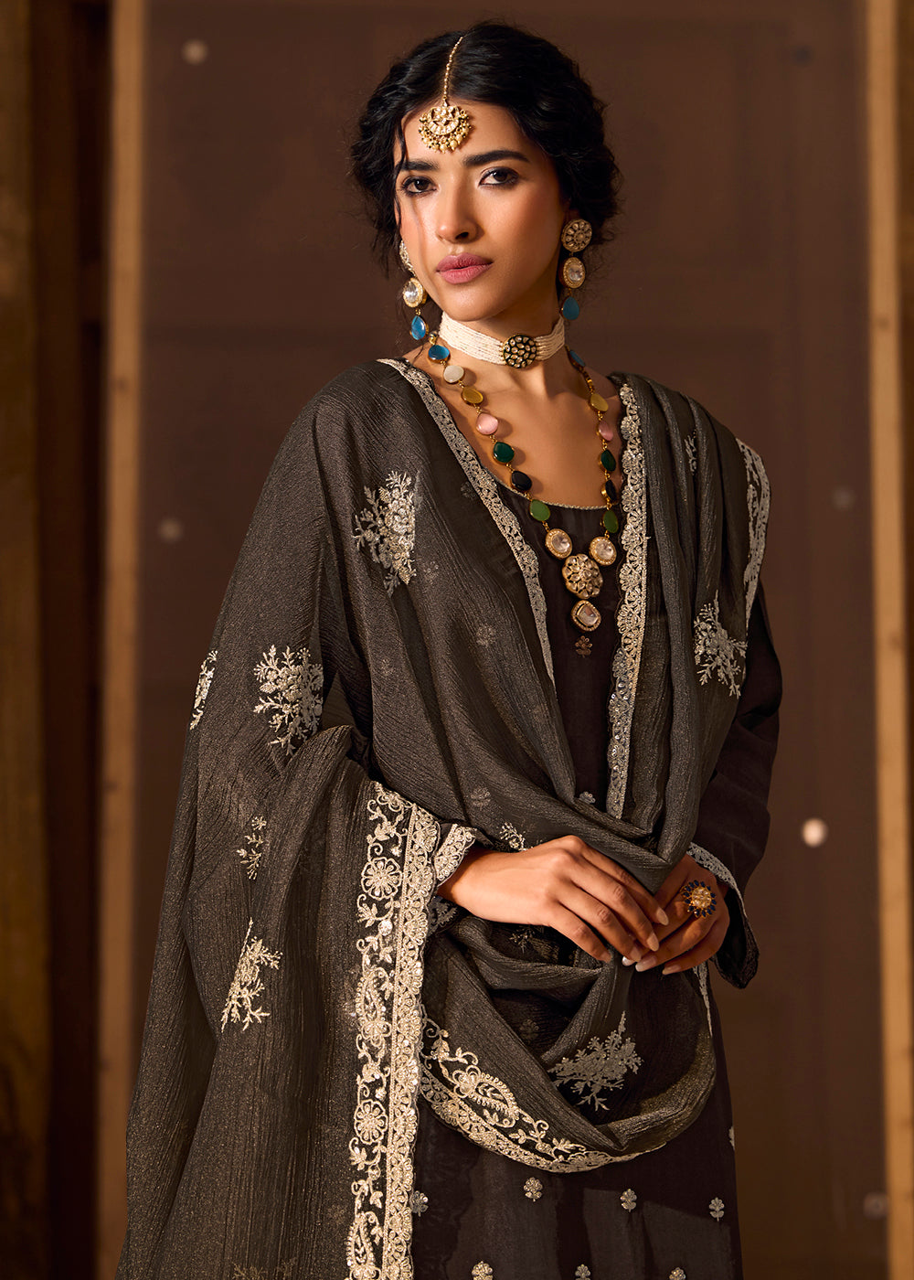 Buy Now Black Bamberg Silk Embroidered Eid Style Salwar Suit Online in USA, UK, Canada, Germany, Italy, UAE & Worldwide at Empress Clothing. 