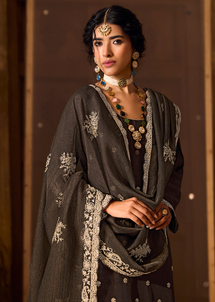 Buy Now Black Bamberg Silk Embroidered Eid Style Salwar Suit Online in USA, UK, Canada, Germany, Italy, UAE & Worldwide at Empress Clothing. 