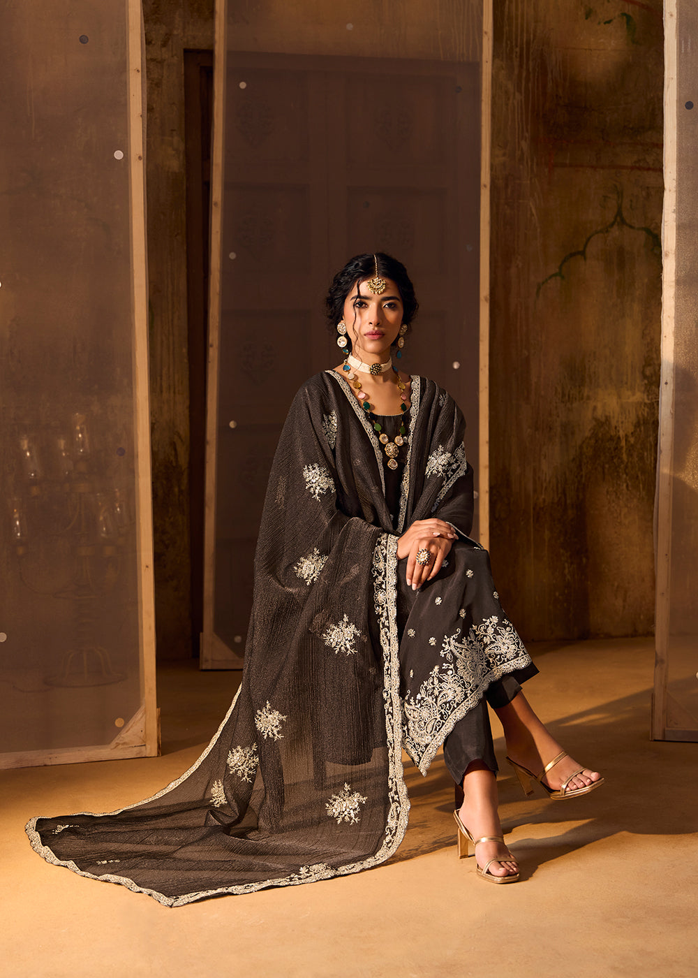 Buy Now Black Bamberg Silk Embroidered Eid Style Salwar Suit Online in USA, UK, Canada, Germany, Italy, UAE & Worldwide at Empress Clothing. 
