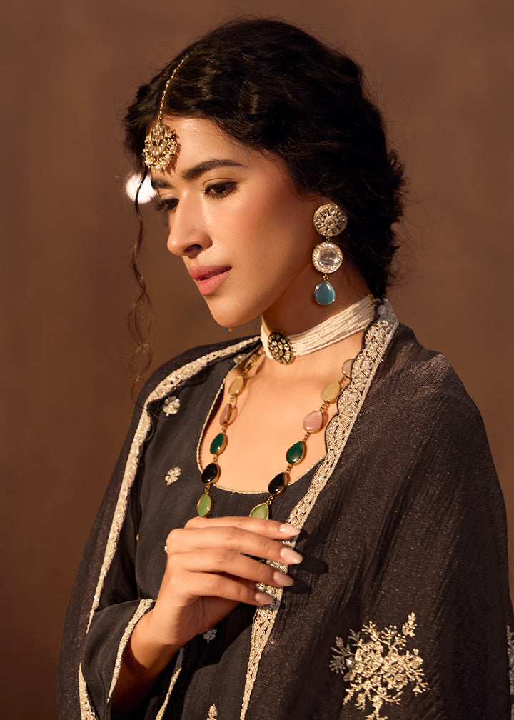 Buy Now Black Bamberg Silk Embroidered Eid Style Salwar Suit Online in USA, UK, Canada, Germany, Italy, UAE & Worldwide at Empress Clothing. 