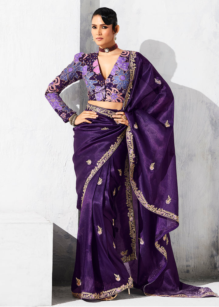 Buy Fancy Purple Organza Tissue Designer Party Wear Saree Online in US, UK, Canada, France, Germany, Denmark, Spain, Belgium, Sweden,UAE & Worldwide at Empress.