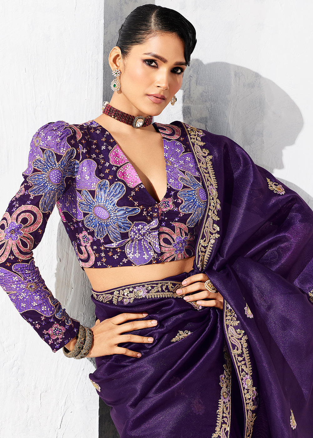 Buy Fancy Purple Organza Tissue Designer Party Wear Saree Online in US, UK, Canada, France, Germany, Denmark, Spain, Belgium, Sweden,UAE & Worldwide at Empress.