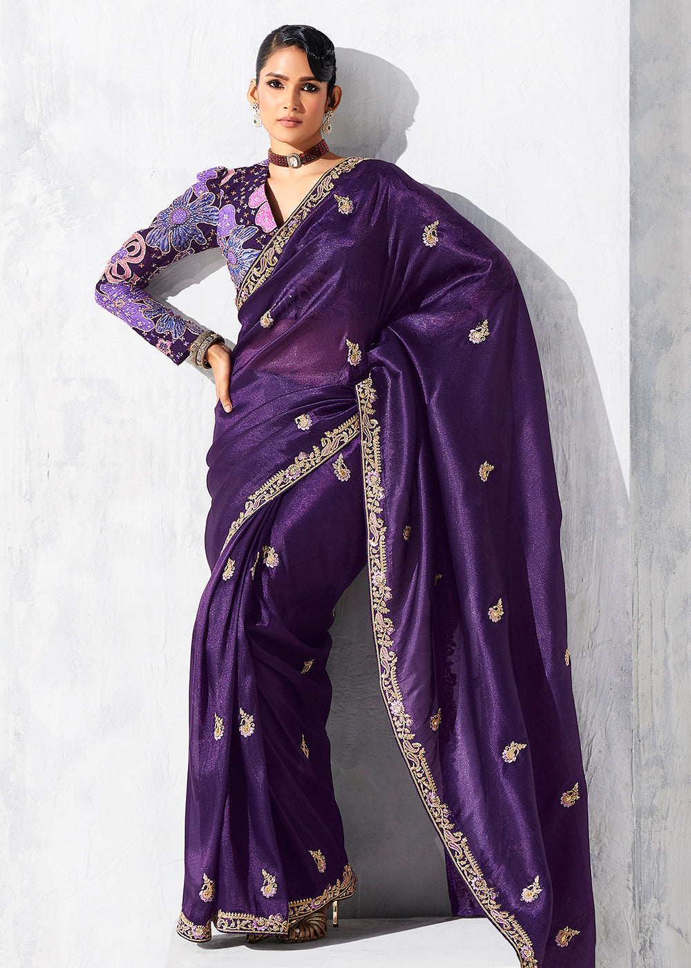 Buy Fancy Purple Organza Tissue Designer Party Wear Saree Online in US, UK, Canada, France, Germany, Denmark, Spain, Belgium, Sweden,UAE & Worldwide at Empress.