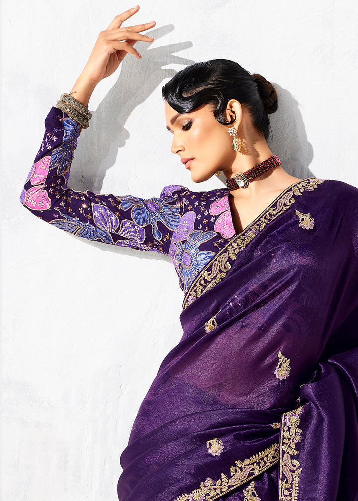 Buy Fancy Purple Organza Tissue Designer Party Wear Saree Online in US, UK, Canada, France, Germany, Denmark, Spain, Belgium, Sweden,UAE & Worldwide at Empress.