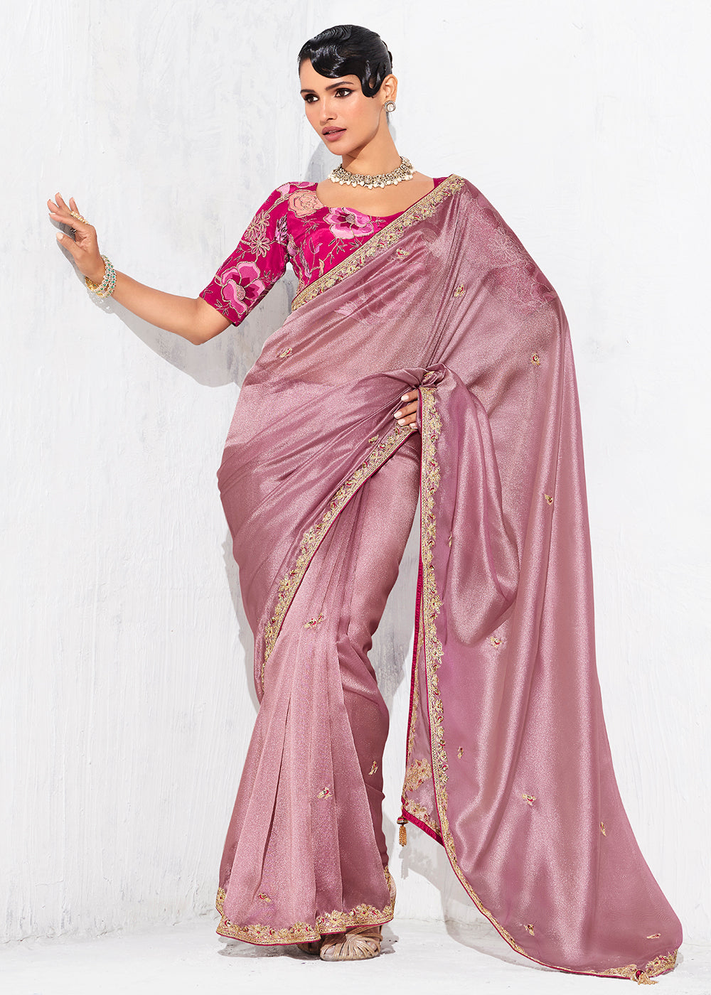 Buy Fancy Pink Organza Tissue Designer Party Wear Saree Online in US, UK, Canada, France, Germany, Denmark, Spain, Belgium, Sweden,UAE & Worldwide at Empress.