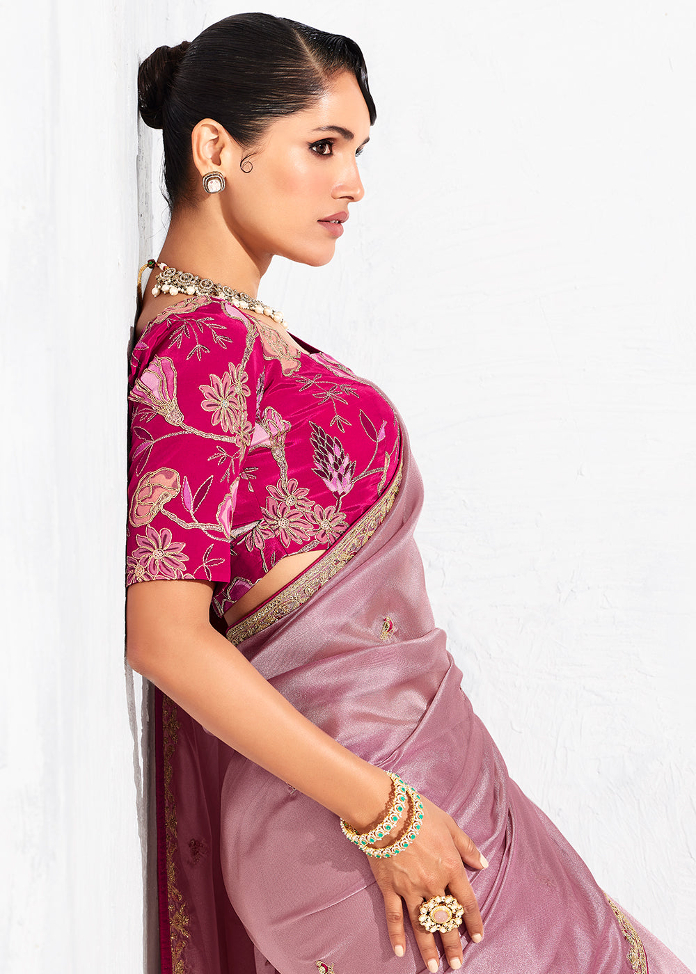 Buy Fancy Pink Organza Tissue Designer Party Wear Saree Online in US, UK, Canada, France, Germany, Denmark, Spain, Belgium, Sweden,UAE & Worldwide at Empress.