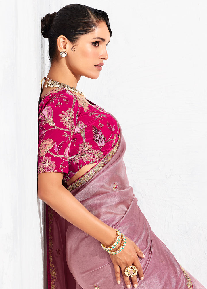Buy Fancy Pink Organza Tissue Designer Party Wear Saree Online in US, UK, Canada, France, Germany, Denmark, Spain, Belgium, Sweden,UAE & Worldwide at Empress.