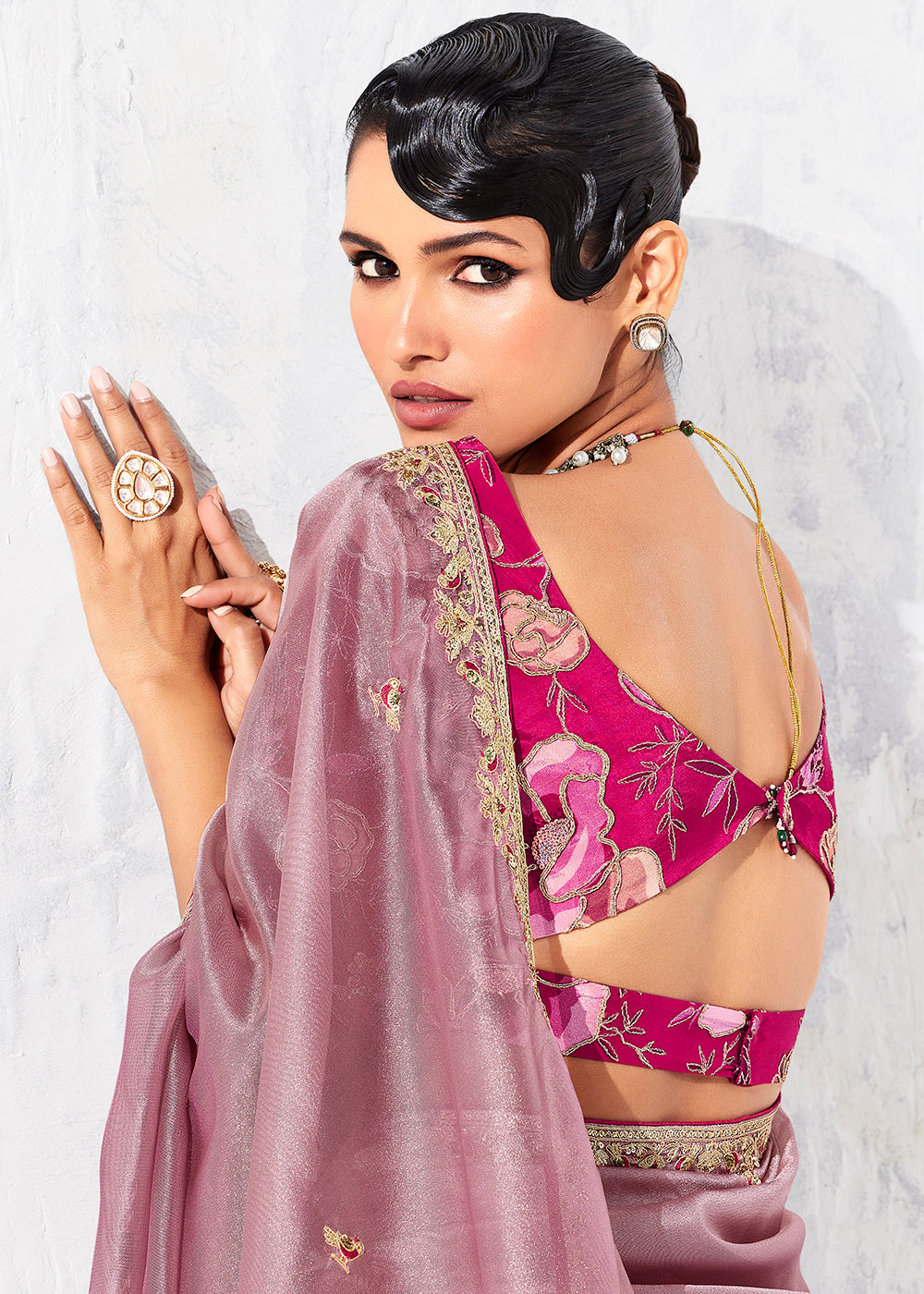 Buy Fancy Pink Organza Tissue Designer Party Wear Saree Online in US, UK, Canada, France, Germany, Denmark, Spain, Belgium, Sweden,UAE & Worldwide at Empress.