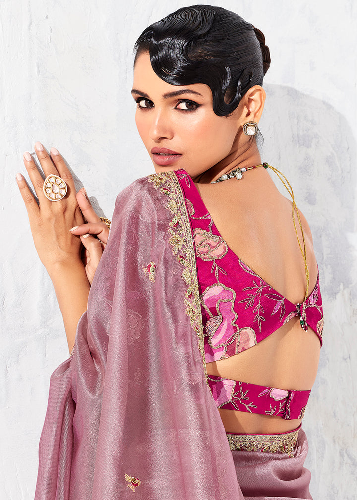Buy Fancy Pink Organza Tissue Designer Party Wear Saree Online in US, UK, Canada, France, Germany, Denmark, Spain, Belgium, Sweden,UAE & Worldwide at Empress.