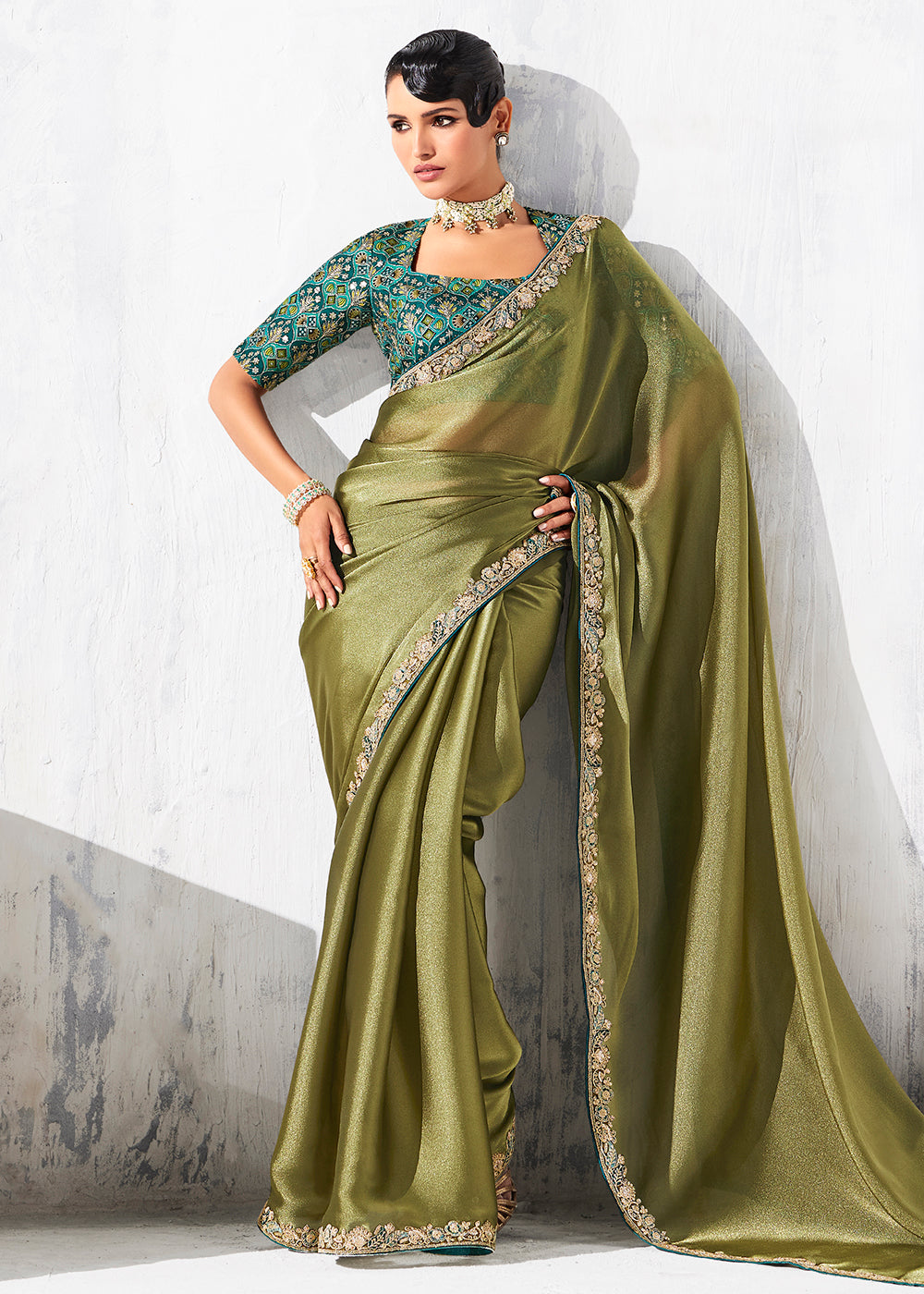 Buy Fancy Olive Organza Tissue Designer Party Wear Saree Online in US, UK, Canada, France, Germany, Denmark, Spain, Belgium, Sweden,UAE & Worldwide at Empress.