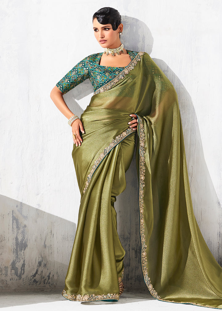 Buy Fancy Olive Organza Tissue Designer Party Wear Saree Online in US, UK, Canada, France, Germany, Denmark, Spain, Belgium, Sweden,UAE & Worldwide at Empress.