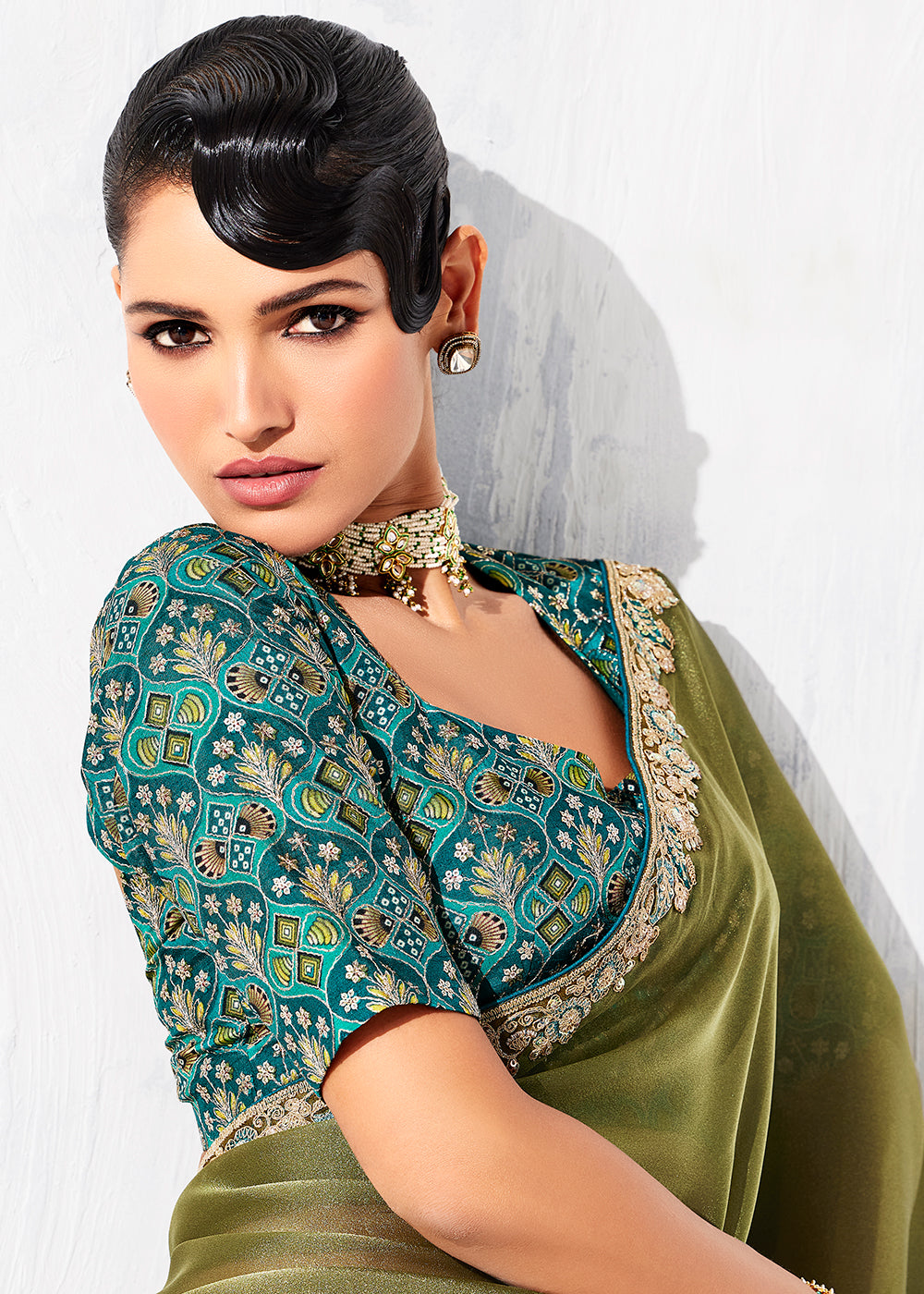 Buy Fancy Olive Organza Tissue Designer Party Wear Saree Online in US, UK, Canada, France, Germany, Denmark, Spain, Belgium, Sweden,UAE & Worldwide at Empress.