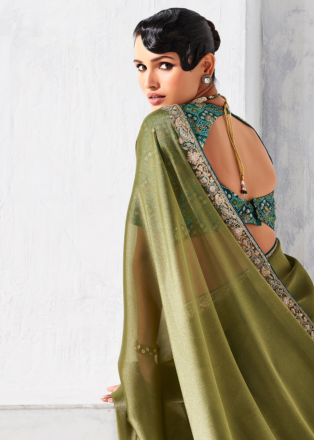 Buy Fancy Olive Organza Tissue Designer Party Wear Saree Online in US, UK, Canada, France, Germany, Denmark, Spain, Belgium, Sweden,UAE & Worldwide at Empress.
