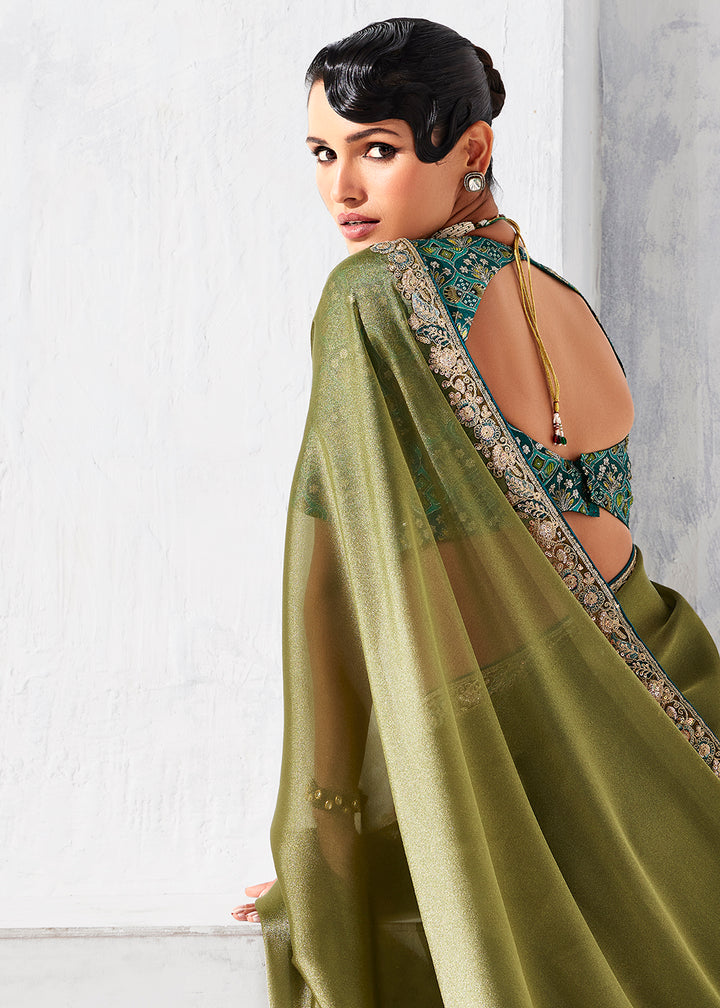 Buy Fancy Olive Organza Tissue Designer Party Wear Saree Online in US, UK, Canada, France, Germany, Denmark, Spain, Belgium, Sweden,UAE & Worldwide at Empress.