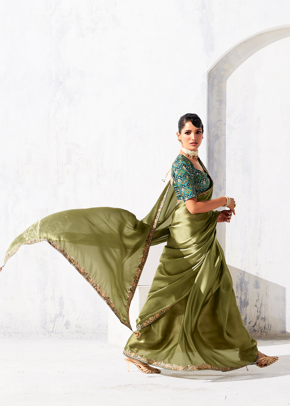 Buy Fancy Olive Organza Tissue Designer Party Wear Saree Online in US, UK, Canada, France, Germany, Denmark, Spain, Belgium, Sweden,UAE & Worldwide at Empress.