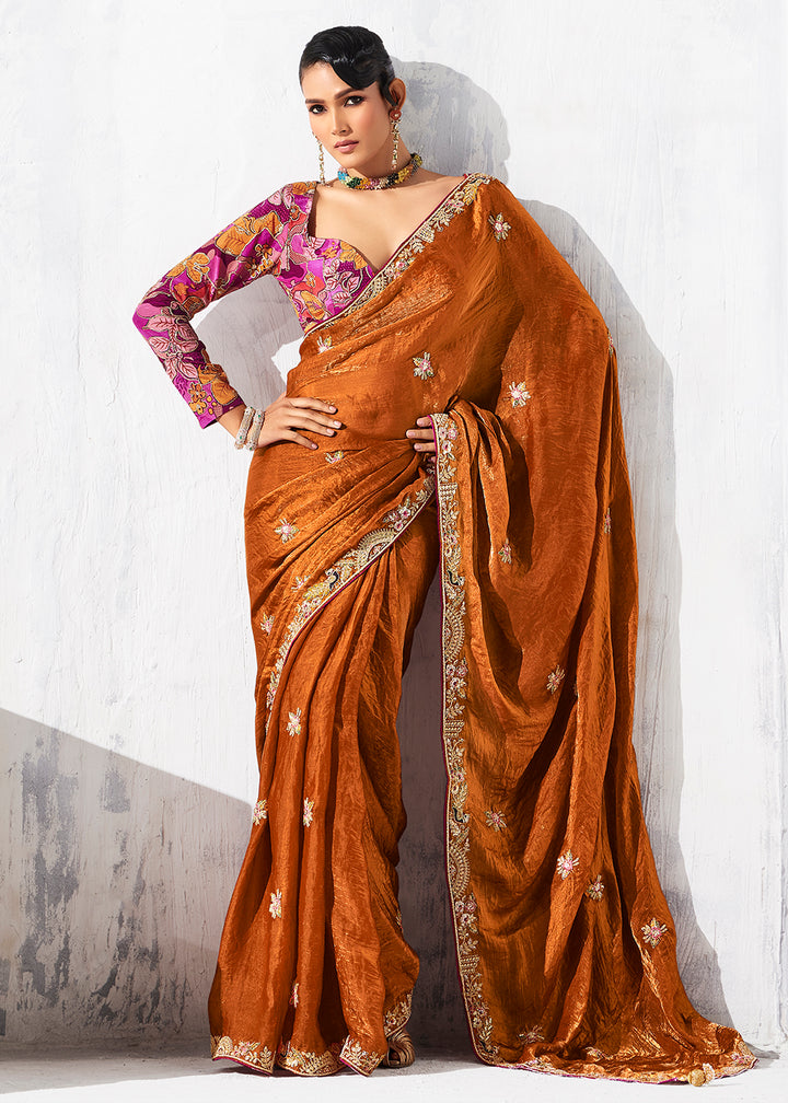 Buy Fancy Orange Organza Tissue Designer Party Wear Saree Online in US, UK, Canada, France, Germany, Denmark, Spain, Belgium, Sweden,UAE & Worldwide at Empress.