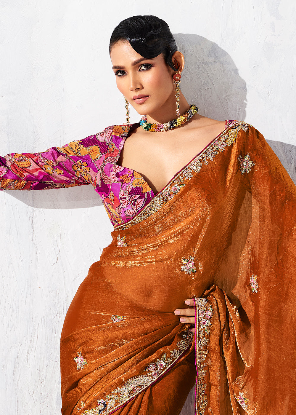 Buy Fancy Orange Organza Tissue Designer Party Wear Saree Online in US, UK, Canada, France, Germany, Denmark, Spain, Belgium, Sweden,UAE & Worldwide at Empress.