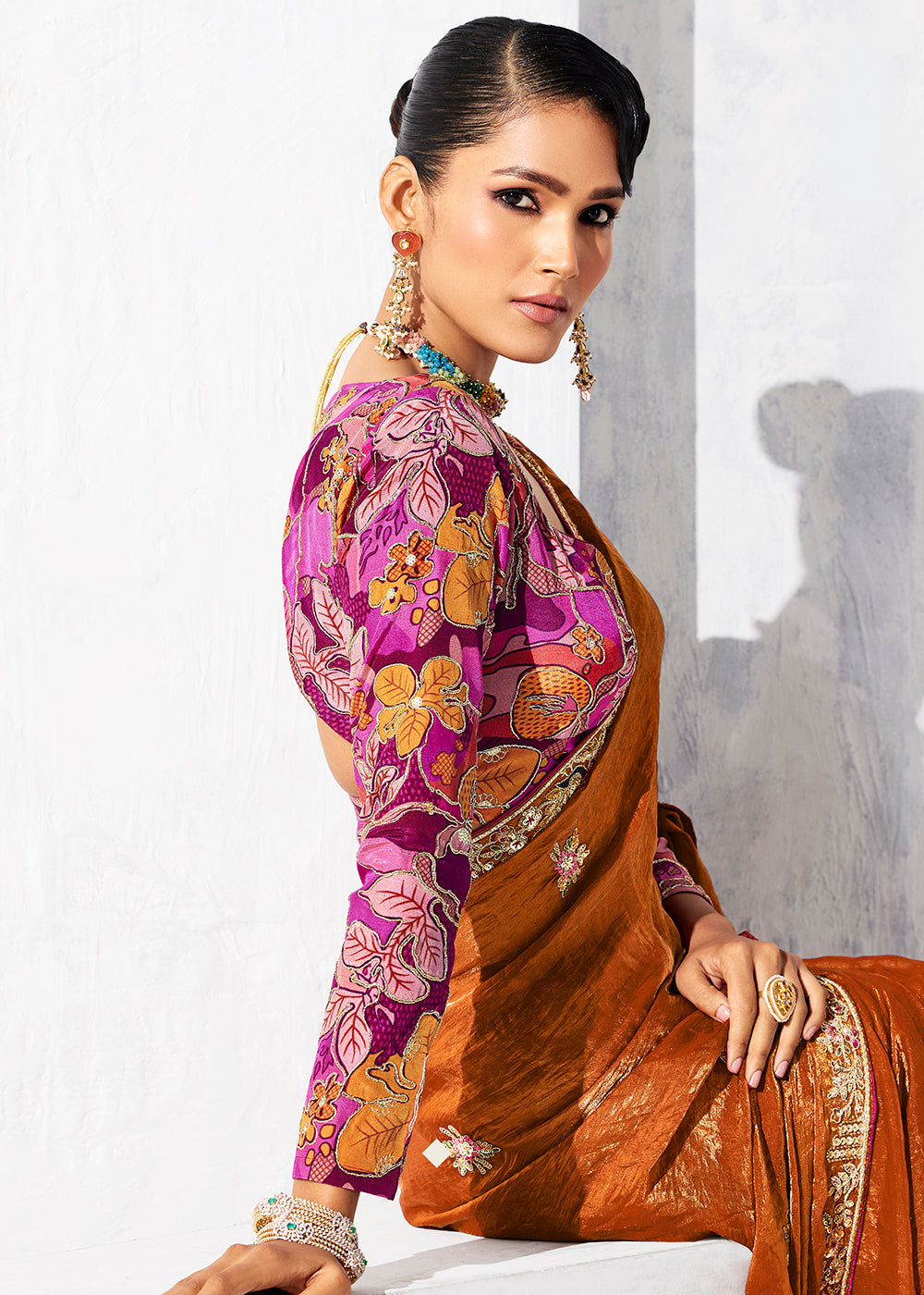 Buy Fancy Orange Organza Tissue Designer Party Wear Saree Online in US, UK, Canada, France, Germany, Denmark, Spain, Belgium, Sweden,UAE & Worldwide at Empress.