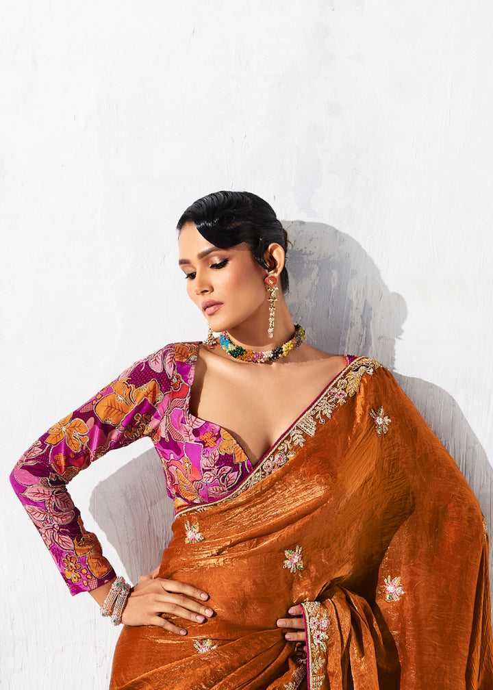 Buy Fancy Orange Organza Tissue Designer Party Wear Saree Online in US, UK, Canada, France, Germany, Denmark, Spain, Belgium, Sweden,UAE & Worldwide at Empress.