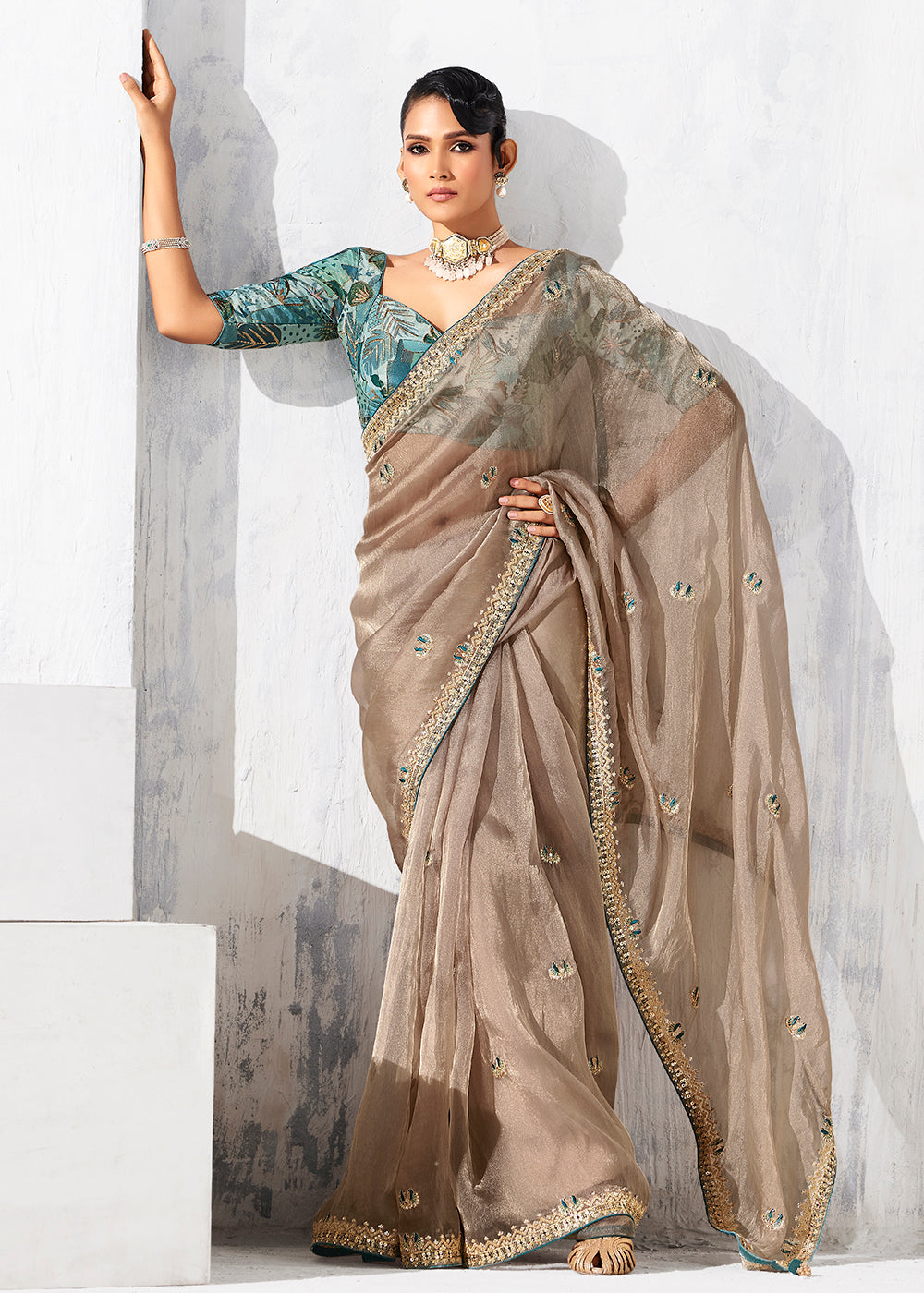 Buy Fancy Beige Organza Tissue Designer Party Wear Saree Online in US, UK, Canada, France, Germany, Denmark, Spain, Belgium, Sweden,UAE & Worldwide at Empress.