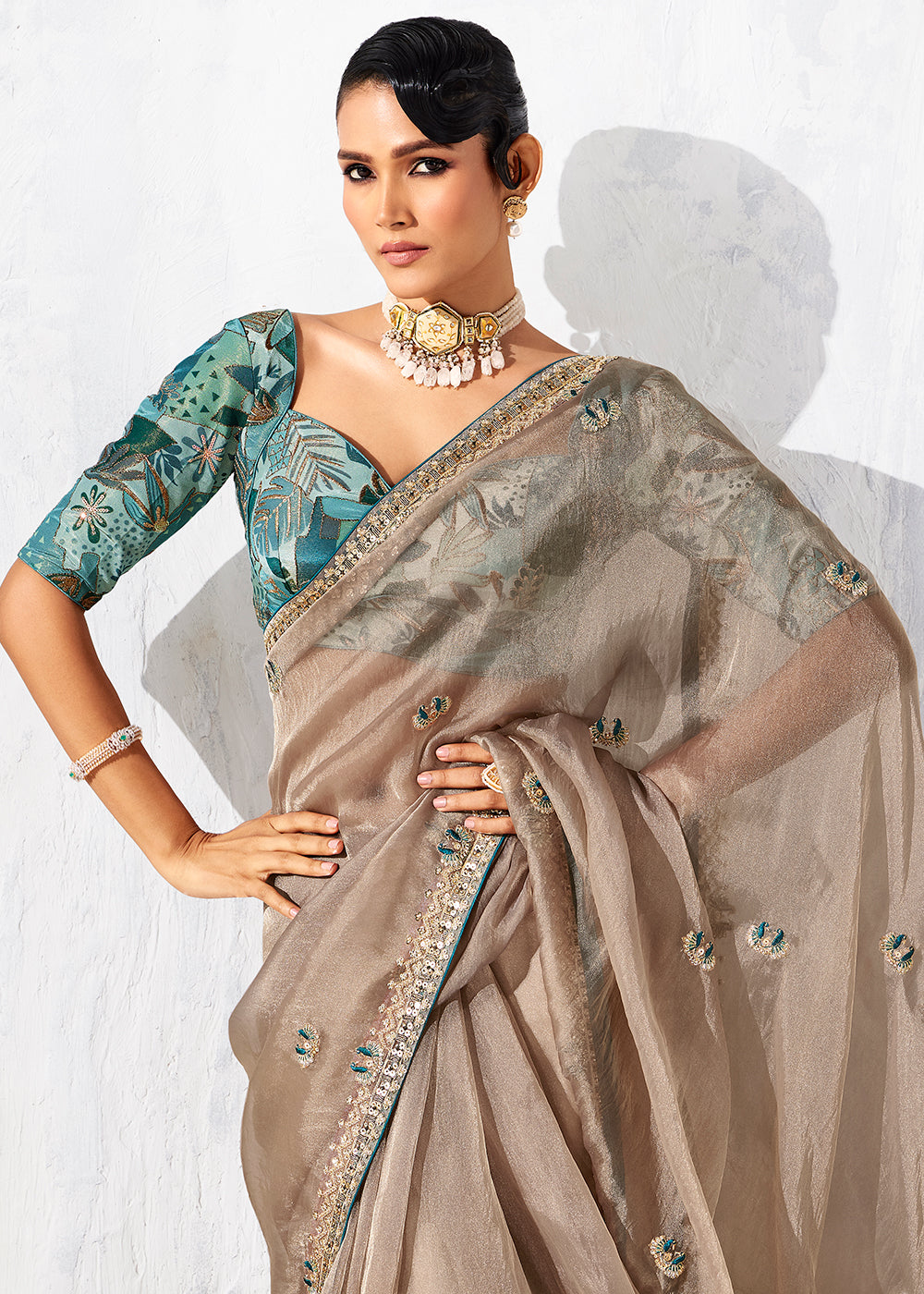Buy Fancy Beige Organza Tissue Designer Party Wear Saree Online in US, UK, Canada, France, Germany, Denmark, Spain, Belgium, Sweden,UAE & Worldwide at Empress.