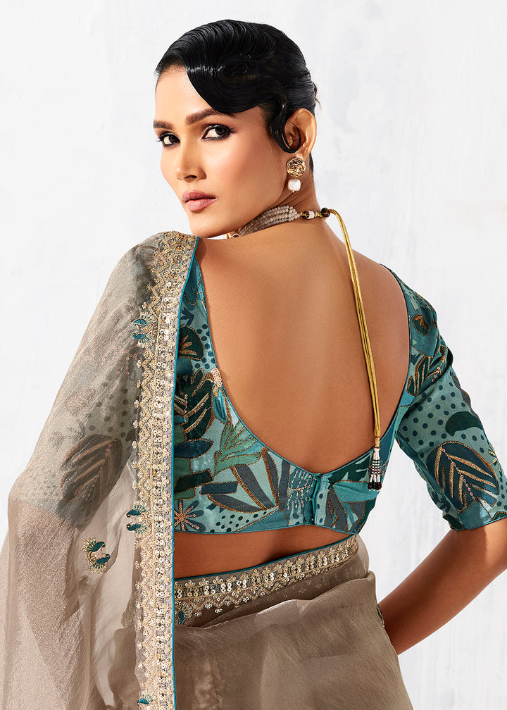 Buy Fancy Beige Organza Tissue Designer Party Wear Saree Online in US, UK, Canada, France, Germany, Denmark, Spain, Belgium, Sweden,UAE & Worldwide at Empress.