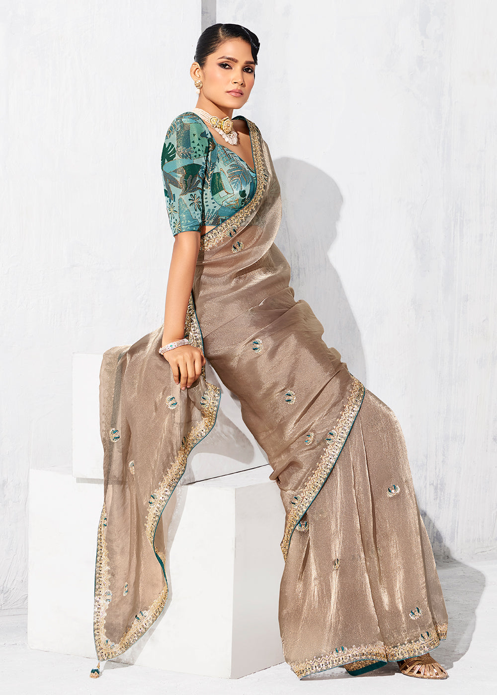 Buy Fancy Beige Organza Tissue Designer Party Wear Saree Online in US, UK, Canada, France, Germany, Denmark, Spain, Belgium, Sweden,UAE & Worldwide at Empress.