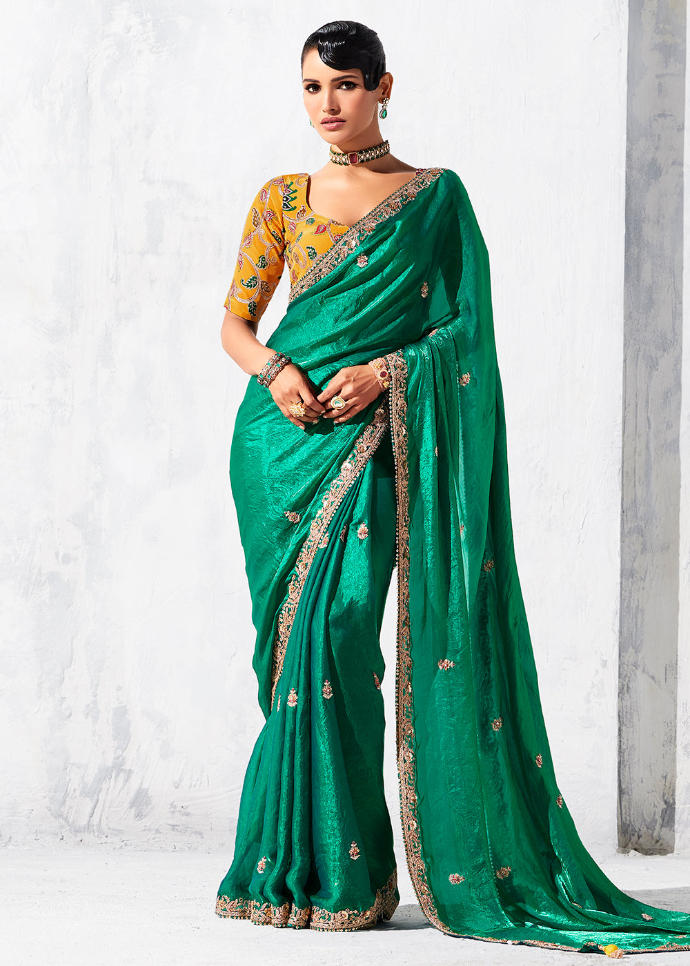 Buy Fancy Green Organza Tissue Designer Party Wear Saree Online in US, UK, Canada, France, Germany, Denmark, Spain, Belgium, Sweden,UAE & Worldwide at Empress.