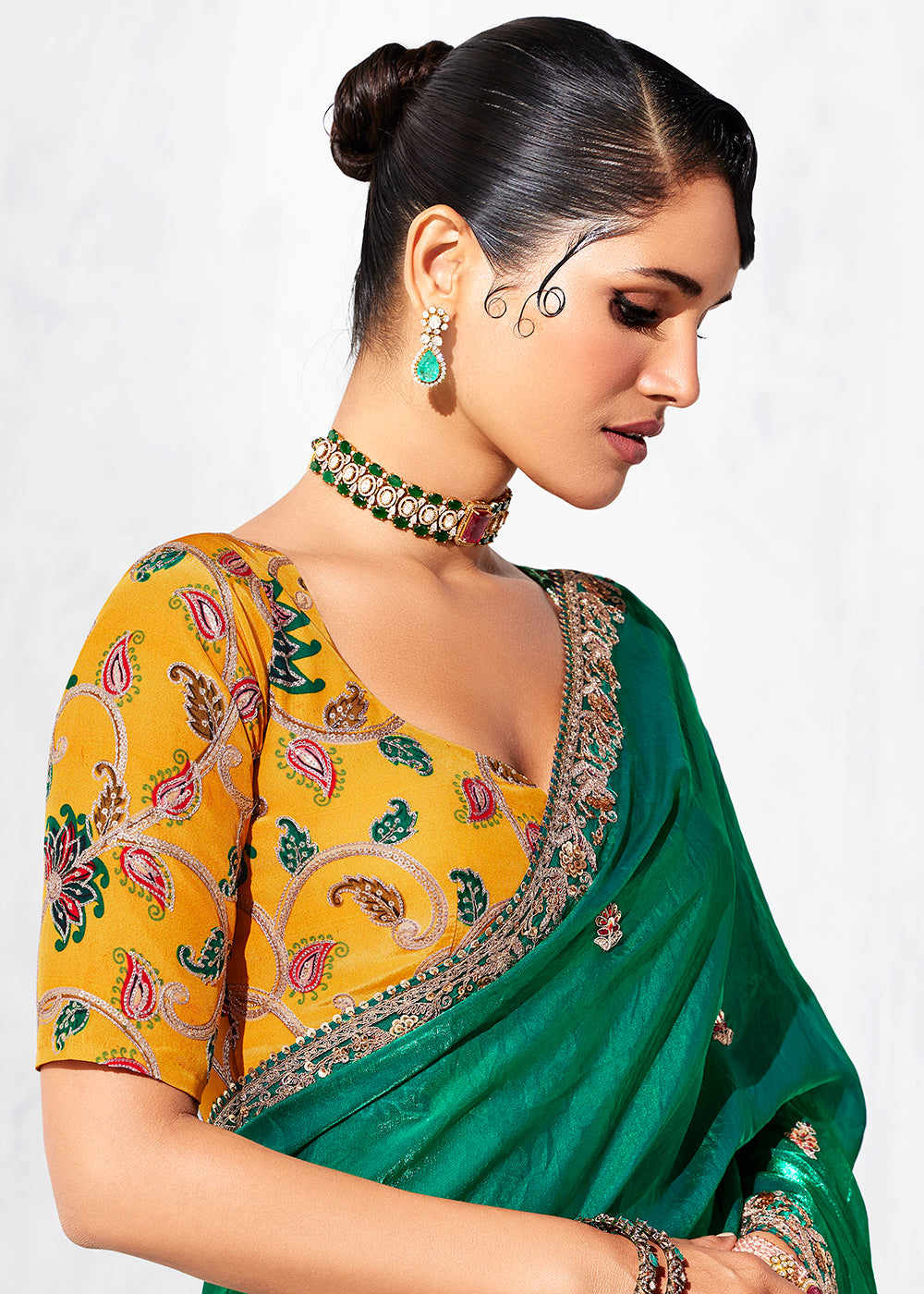 Buy Fancy Green Organza Tissue Designer Party Wear Saree Online in US, UK, Canada, France, Germany, Denmark, Spain, Belgium, Sweden,UAE & Worldwide at Empress.
