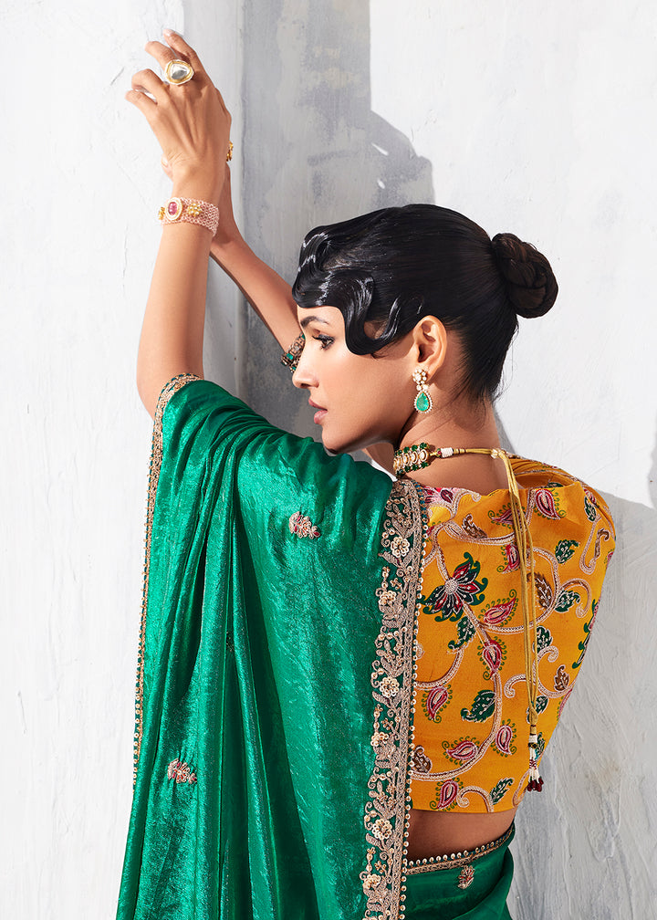 Buy Fancy Green Organza Tissue Designer Party Wear Saree Online in US, UK, Canada, France, Germany, Denmark, Spain, Belgium, Sweden,UAE & Worldwide at Empress.