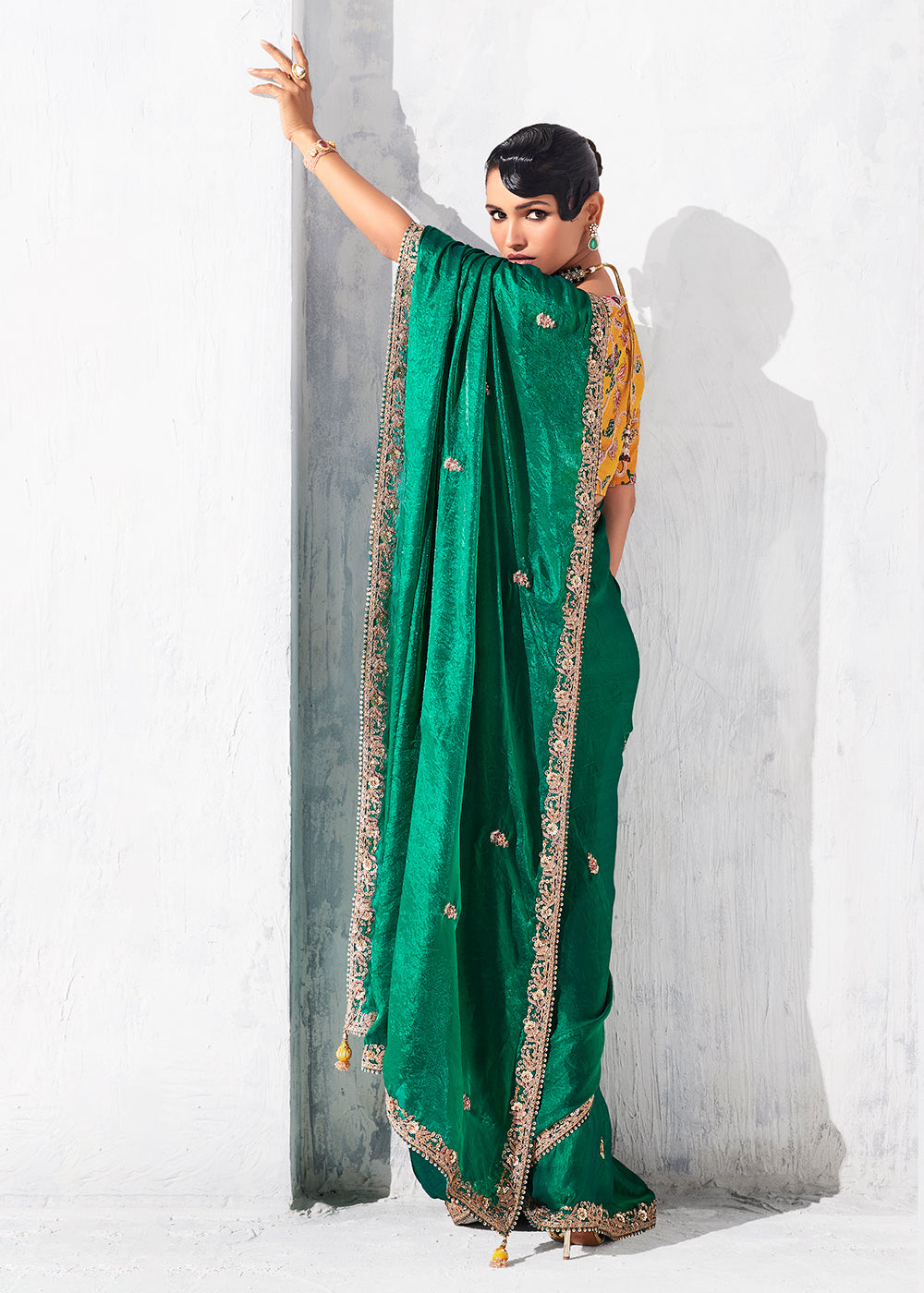Buy Fancy Green Organza Tissue Designer Party Wear Saree Online in US, UK, Canada, France, Germany, Denmark, Spain, Belgium, Sweden,UAE & Worldwide at Empress.