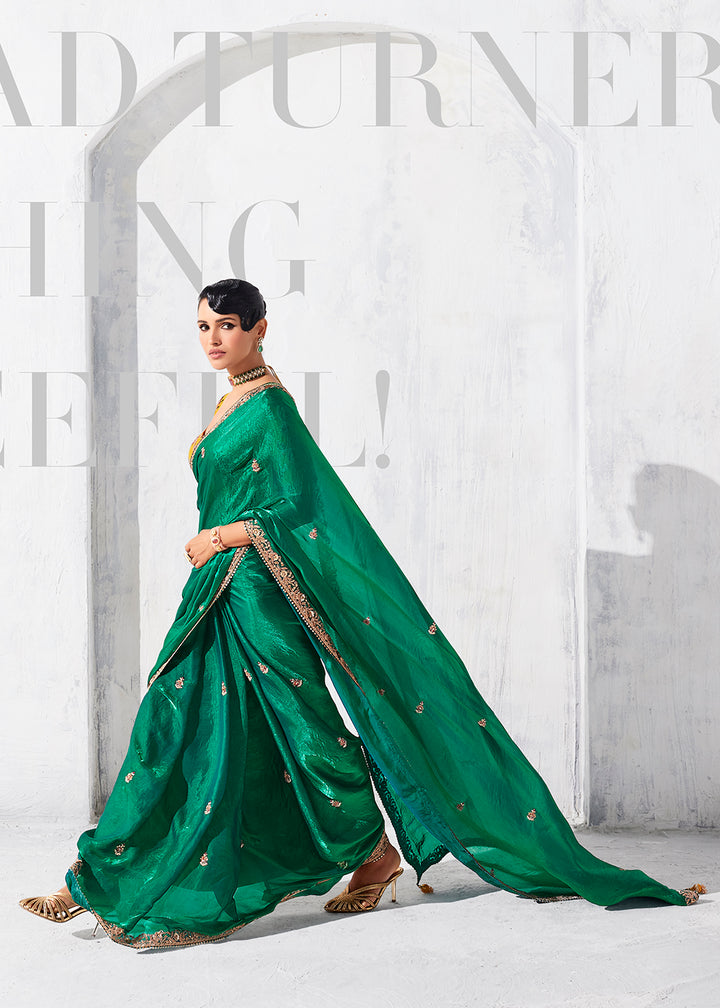 Buy Fancy Green Organza Tissue Designer Party Wear Saree Online in US, UK, Canada, France, Germany, Denmark, Spain, Belgium, Sweden,UAE & Worldwide at Empress.