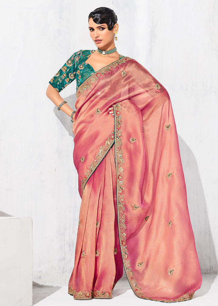 Buy Fancy Peach Organza Tissue Designer Party Wear Saree Online in US, UK, Canada, France, Germany, Denmark, Spain, Belgium, Sweden,UAE & Worldwide at Empress.
