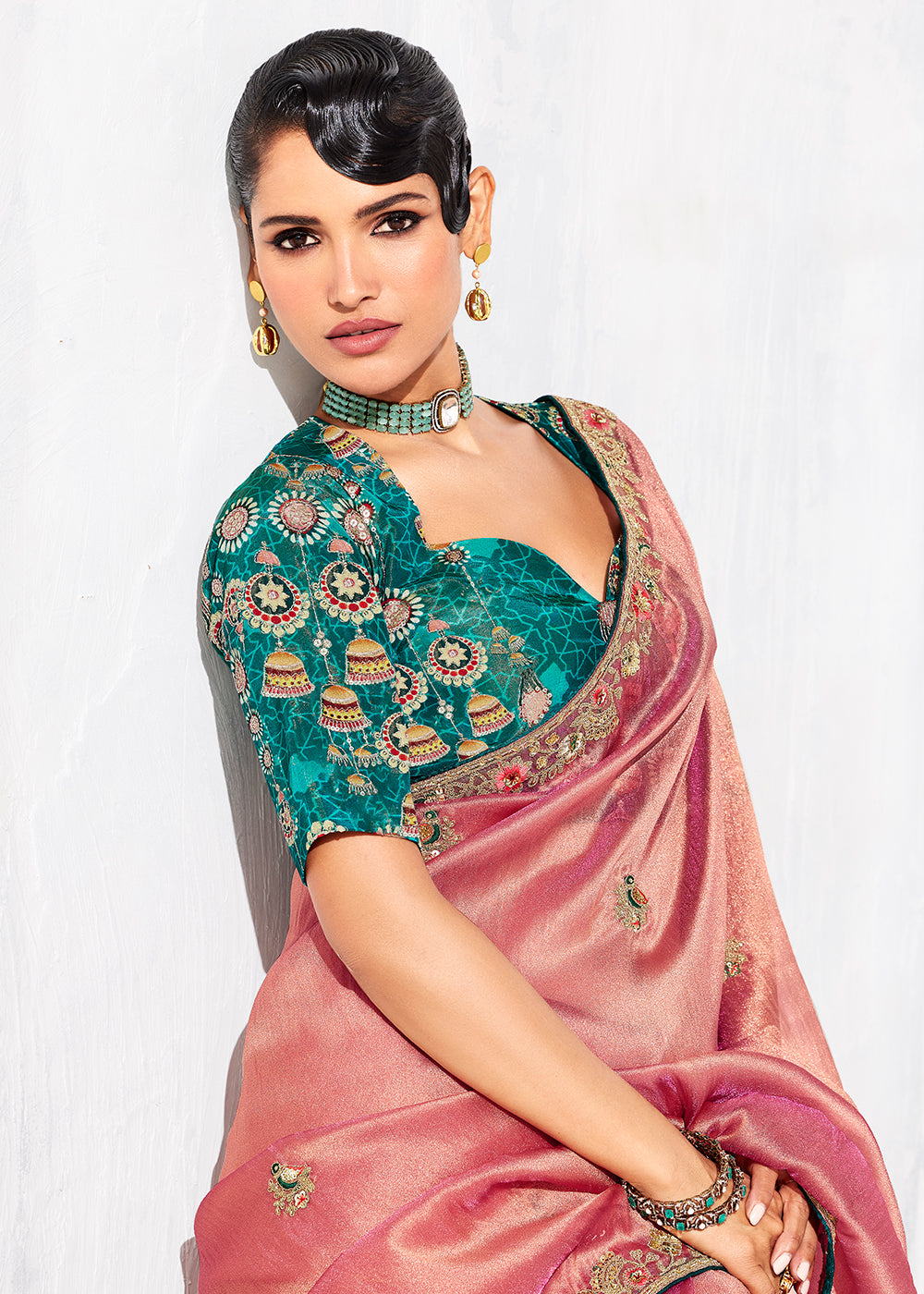 Buy Fancy Peach Organza Tissue Designer Party Wear Saree Online in US, UK, Canada, France, Germany, Denmark, Spain, Belgium, Sweden,UAE & Worldwide at Empress.