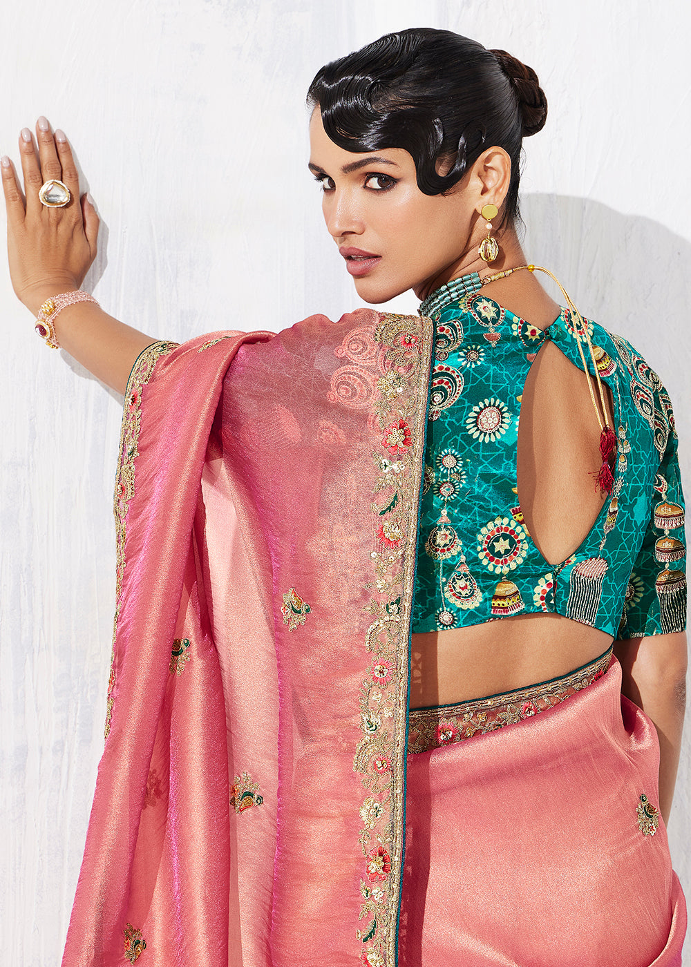 Buy Fancy Peach Organza Tissue Designer Party Wear Saree Online in US, UK, Canada, France, Germany, Denmark, Spain, Belgium, Sweden,UAE & Worldwide at Empress.