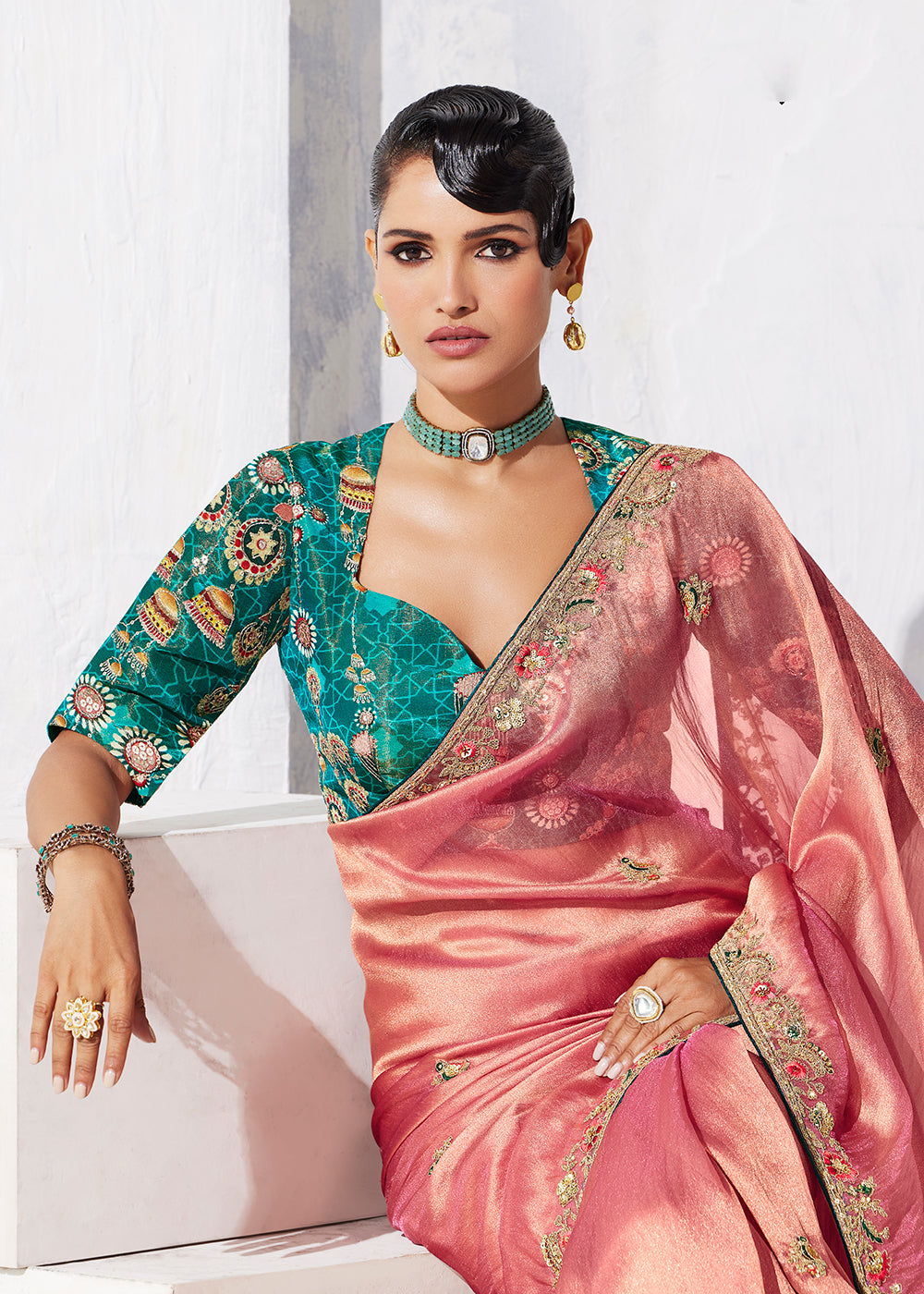 Buy Fancy Peach Organza Tissue Designer Party Wear Saree Online in US, UK, Canada, France, Germany, Denmark, Spain, Belgium, Sweden,UAE & Worldwide at Empress.