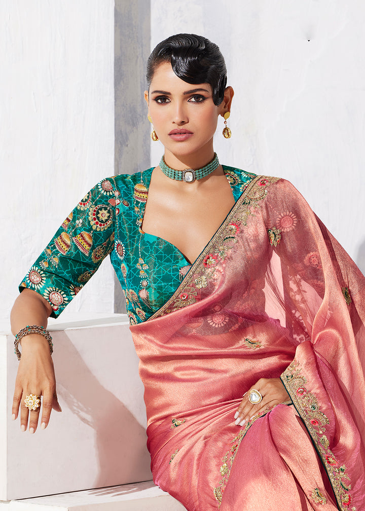 Buy Fancy Peach Organza Tissue Designer Party Wear Saree Online in US, UK, Canada, France, Germany, Denmark, Spain, Belgium, Sweden,UAE & Worldwide at Empress.