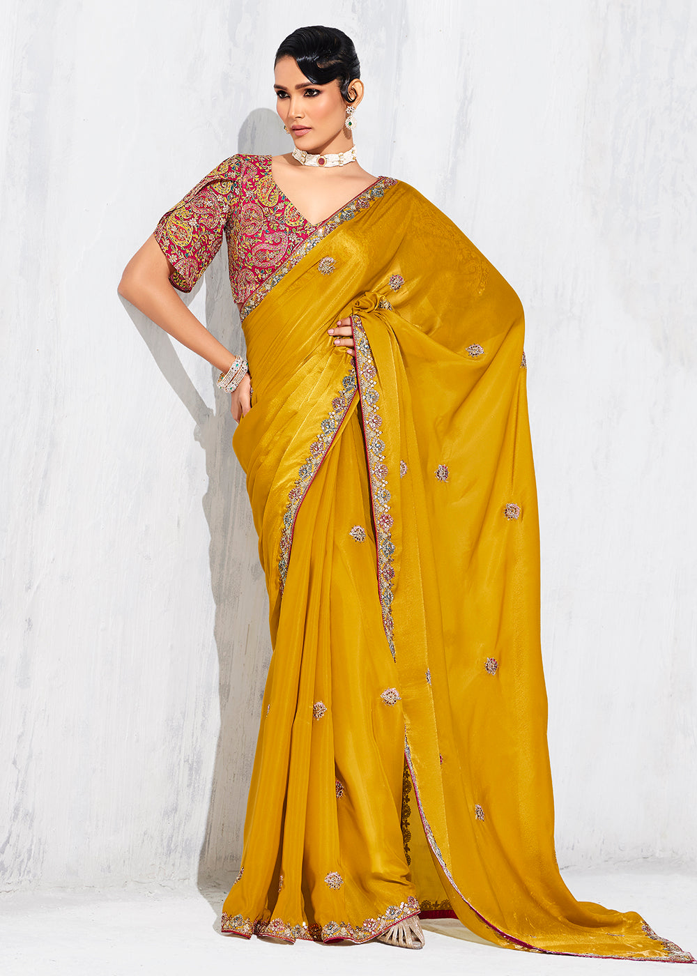 Buy Fancy Mustard Organza Tissue Designer Party Wear Saree Online in US, UK, Canada, France, Germany, Denmark, Spain, Belgium, Sweden,UAE & Worldwide at Empress.