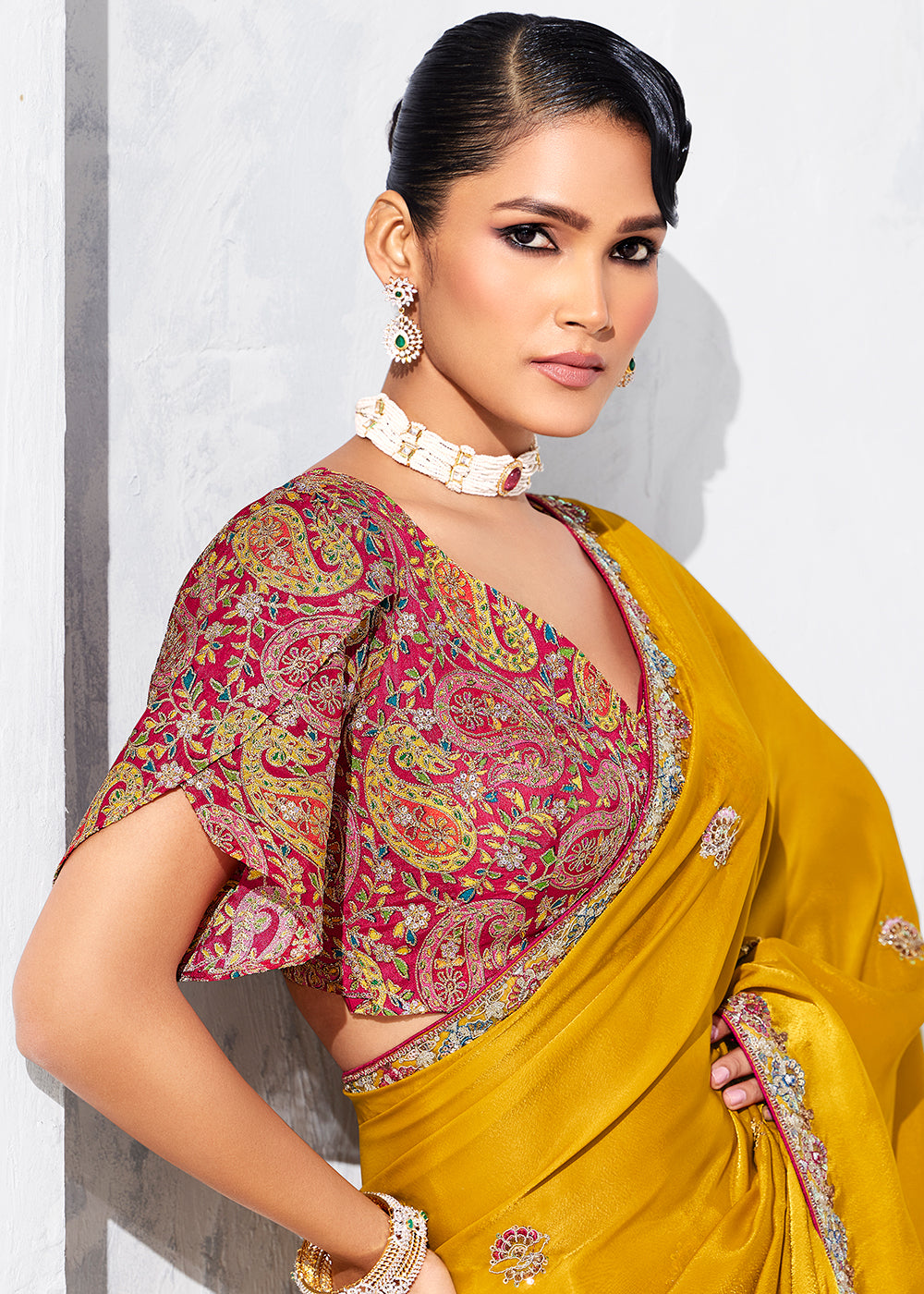 Buy Fancy Mustard Organza Tissue Designer Party Wear Saree Online in US, UK, Canada, France, Germany, Denmark, Spain, Belgium, Sweden,UAE & Worldwide at Empress.