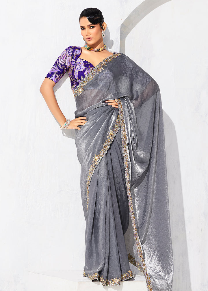 Buy Fancy Grey Organza Tissue Designer Party Wear Saree Online in US, UK, Canada, France, Germany, Denmark, Spain, Belgium, Sweden,UAE & Worldwide at Empress.
