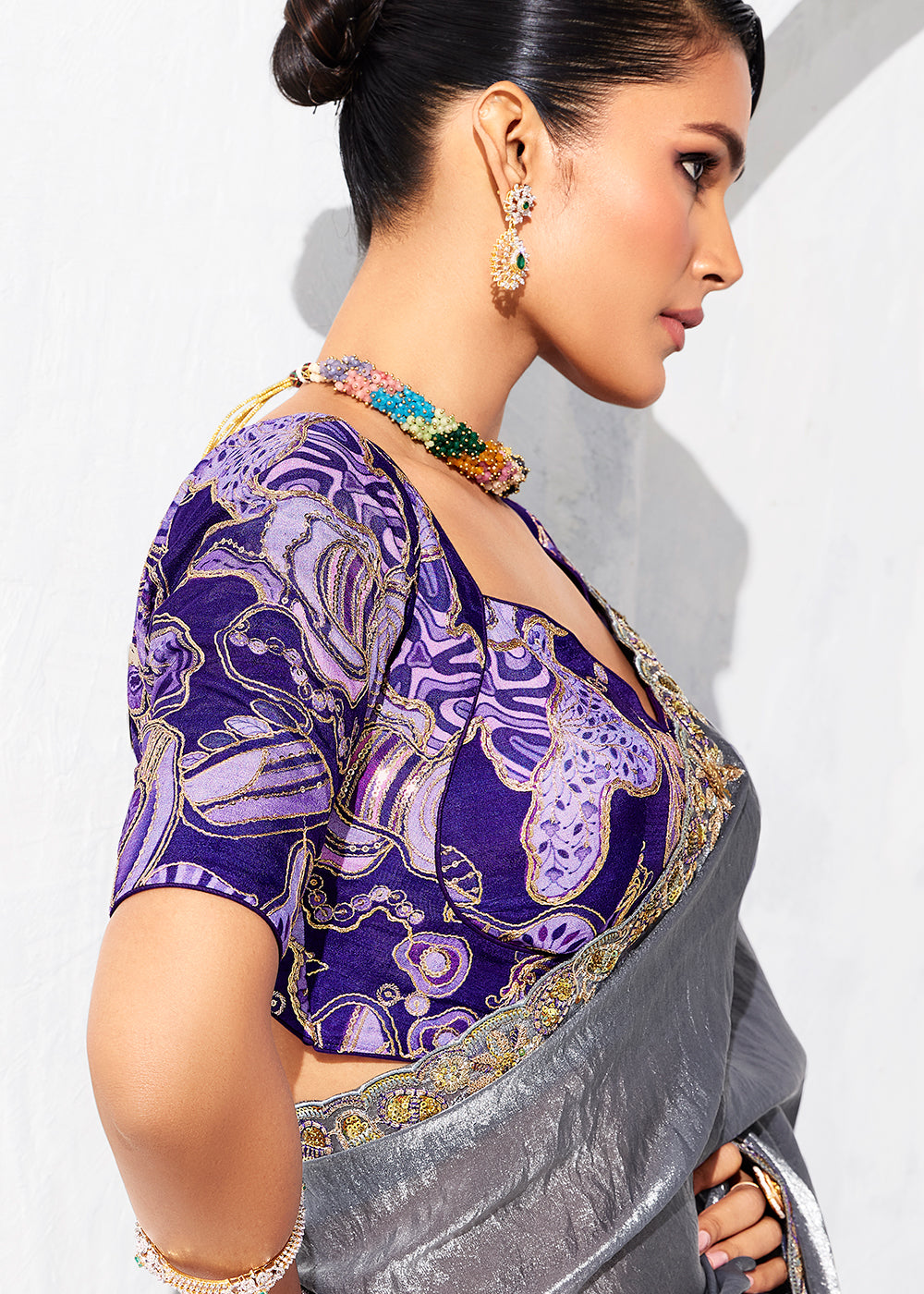 Buy Fancy Grey Organza Tissue Designer Party Wear Saree Online in US, UK, Canada, France, Germany, Denmark, Spain, Belgium, Sweden,UAE & Worldwide at Empress.